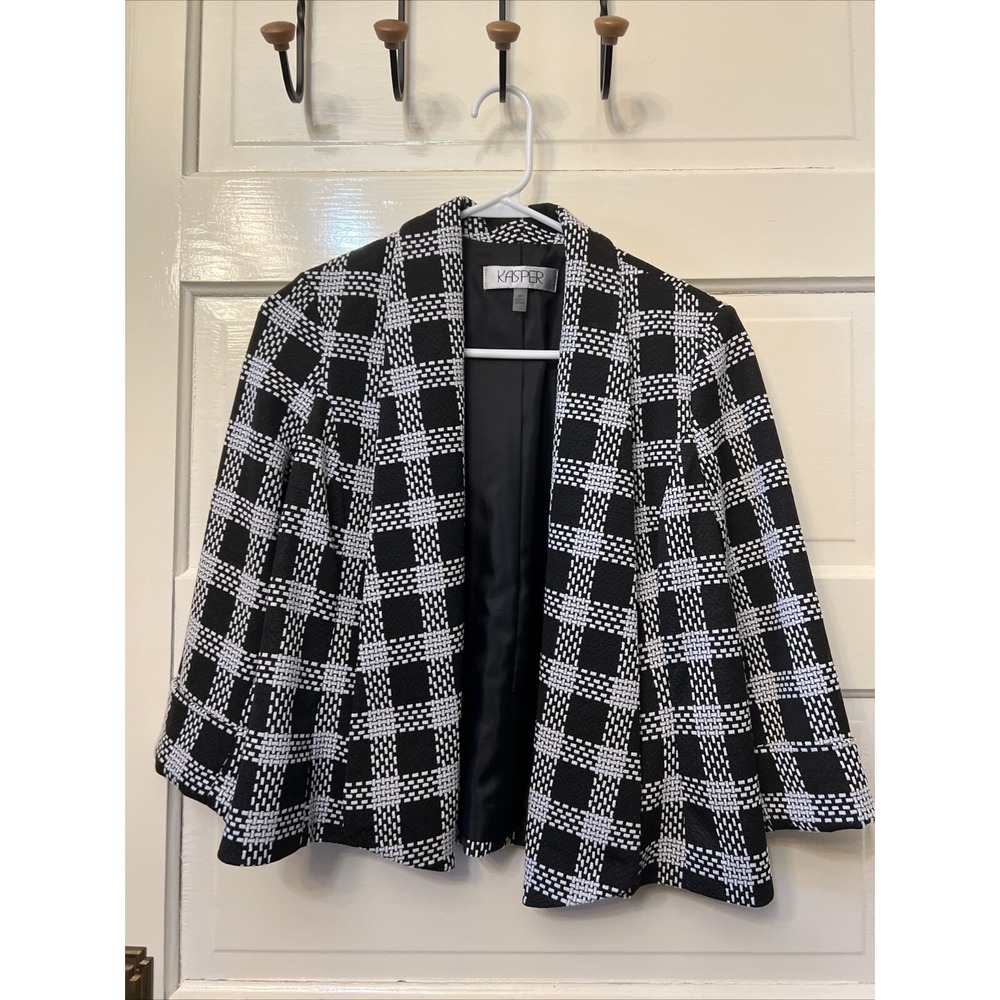 Kasper Womens Wide Lapel Knit Fly Away Jacket Black White 4P 10705652-0DC-4